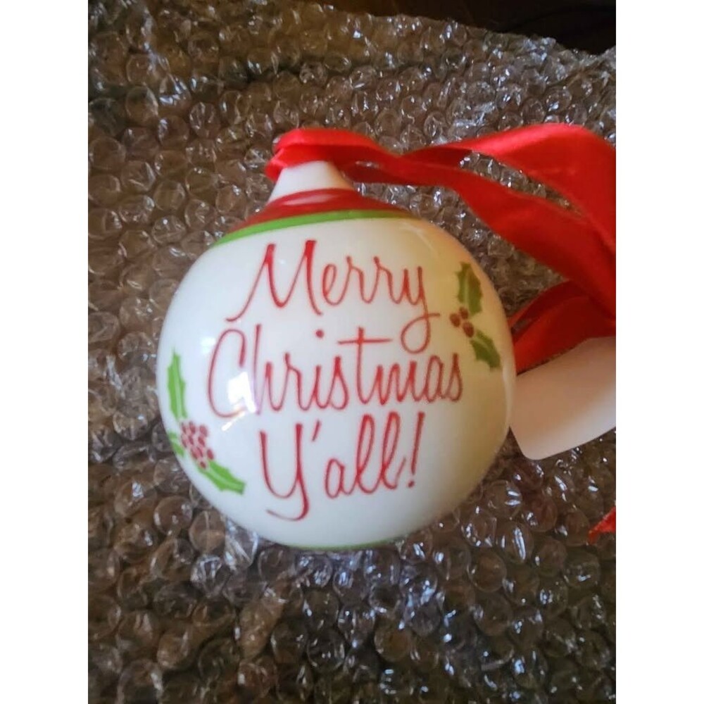 Porcelain Solid Merry Christmas Y'all! Ornament with tags - Picture 1 of 2